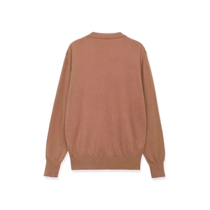Classic dark brown long-sleeved knit top with ribbed crewneck and cuffs on white background