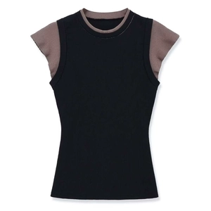 Vintage layered knit top featuring black ribbed vest and brown flutter sleeves on white background