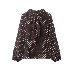 Elegante kaffeebraune Langarm-Polka-Dot-Chiffonbluse mit Schluppenkragen und Schleife
