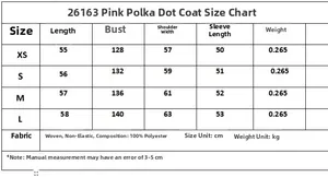Detailed size chart for pink polka dot long sleeve jacket with precise measurements