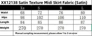 Size chart for satin midi skirt XX12138 with measurements for waist, hips and length