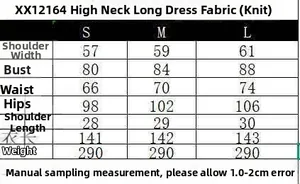 Size chart table for summer high-neck knit maxi dress with detailed measurements