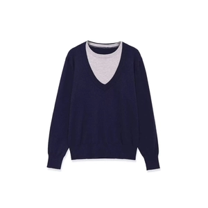 Minimalist navy blue and grey layered knit sweater with round neck and ribbed cuffs