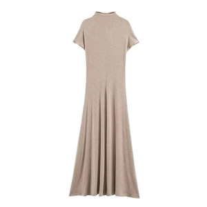 Women's Casual Knitted High Neck Maxi Dress Short Sleeve Loose Fit Solid Color High Waist Temperament Commuter Long Dress