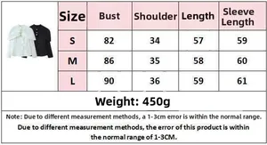 Detailed size chart for women's layered jacket with stand collar in S, M, L dimensions