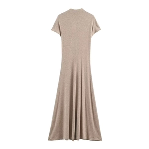 Women's casual high neck short sleeve maxi knit dress in khaki shown from the back view