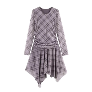 Damen Kariertes Netz Kleid Elegant Langarm Rundhalsausschnitt Geraffte Taille Asymmetrisch Taschentuchsaum Midi Kleid Freizeit