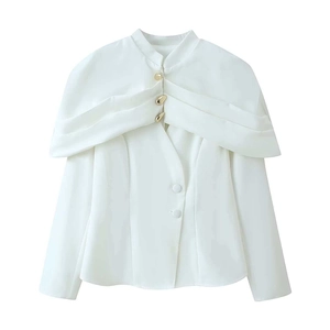 White cape-style cropped blazer with gold buttons and stand collar for women