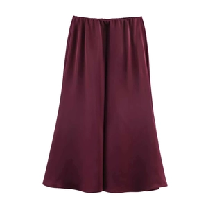 Elegant deep burgundy satin A-line midi skirt with smooth glossy finish and elastic waist