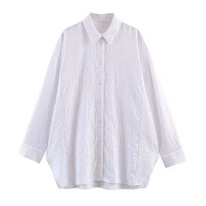 Chemise Rayée Décontractée pour Femmes Manches Longues Col Polo Chemisier Oversized Top Gris Blanc Rayures Verticales Minimaliste