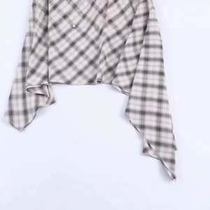 Minimalist plaid asymmetric skirt with light beige, dark brown and blue checkered pattern