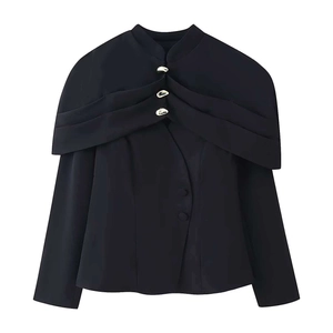 Elegant black capelet collar blazer with golden decorative buttons for women