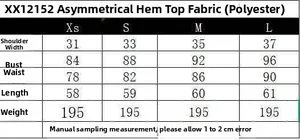 Detailed size chart for chocolate brown asymmetric top showing XS-L measurements