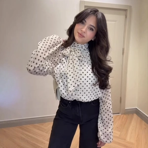 Elegante Polka Dot Chiffon Bluse Für Damen Mit Großer Schleife V-Ausschnitt Langarm Locker Casual Büro Hemd Oberteile