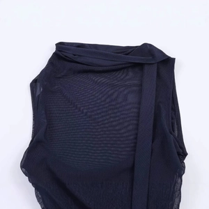 Sexy dark blue mesh tank top with draped scarf neckline and sheer slim fit design