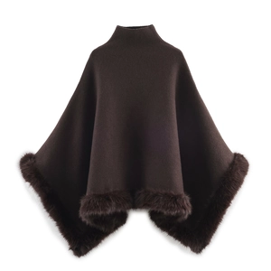 Women Elegant High Neck Knitted Shawl Cape Dark Brown Faux Fur Trim Hem Short Poncho Wrap For Autumn Winter Socialite Style