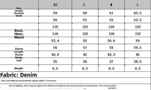 Tableau des tailles détaillé pour chemise en jean à manches lanternes avec mesures