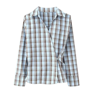 Chemisier à Carreaux à Manches Longues pour Femmes Col en V Enveloppant Chemise à Carreaux Élégant Navette Bureau Top Décontracté Épissage Vêtements