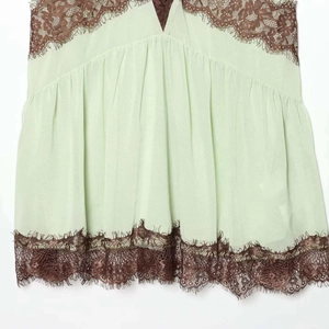 Mint green lace camisole dress with contrast dark brown eyelash lace trim detail