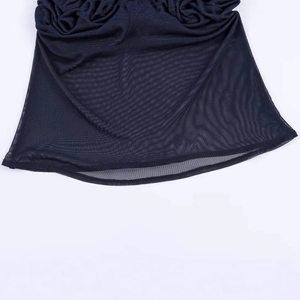 Elegant navy blue mesh top featuring a 3D pleated rose floral design for women