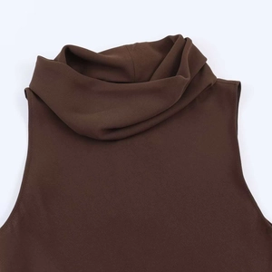 Detail of the layered cowl neck on this chocolate brown minimalist sleeveless top
