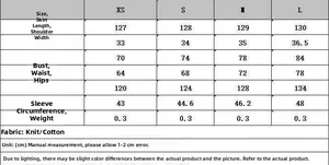 Detailed size chart for the sleeveless knitted patchwork midi dress from XS to L