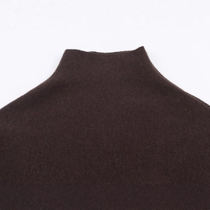 Deep brown mock neck knitted shawl top for women with soft texture and minimalist design