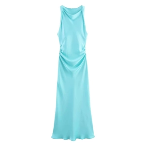 Minimalist light blue satin midi dress with sleeveless halter neck and glossy texture
