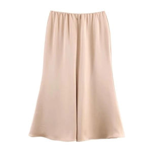 Detail of champagne satin midi skirt showing elastic pleated waist and silky fabric texture