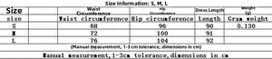Size chart for lace mini dress showing waist, hip, and length measurements in cm