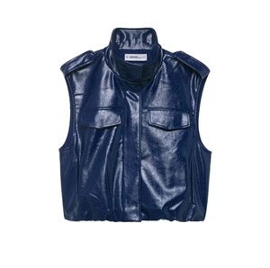 Veste en similicuir bleu marine brillant avec col montant et poches de poitrine