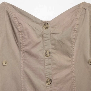 Minimalist khaki cotton midi dress with V-neck and tortoiseshell buttons detail