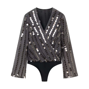 Body Sexy en Maille Transparente à Paillettes pour Femmes Manches Longues Col en V Patchwork Combinaison de Fête Mode Clubwear Top