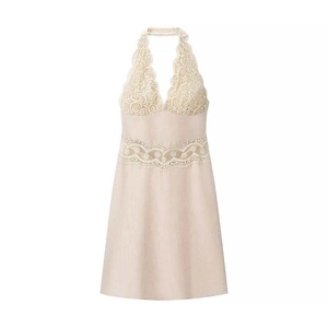 Women's Sexy Halter Lace Patchwork Mini Dress Backless Deep V Neck Champagne Bodycon Summer Beach Party Elegant Short Dress