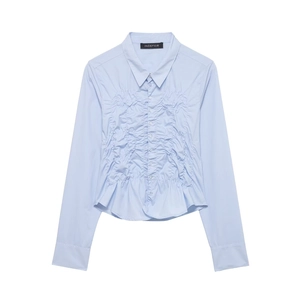 Fashion Women Light Blue Long Sleeve Ruched Shirt Polyester Blend Smocking Button Down Blouse With Peplum Hem Casual Office Top