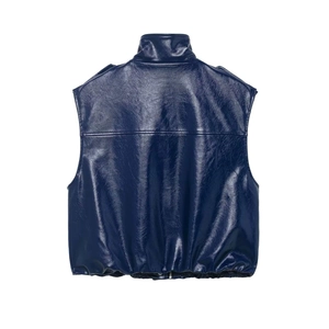 Gilet en similicuir bleu marine brillant avec col montant et ourlet élastique, vue dos