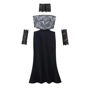 Women Sexy Black Satin Lace Patchwork Maxi Dress With Choker And Sleeve Covers Sleeveless Backless Fishtail Evening Dress