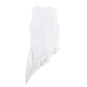 White sleeveless top with asymmetrical hem and delicate layered lace trim details