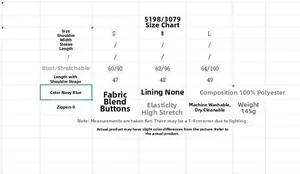 Detailed size chart for the navy blue V-neck knitted camisole with polyester fabric info