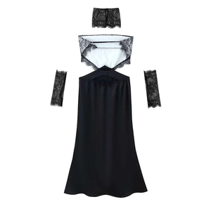 Sexy black satin and lace slip dress set with matching choker and sleeve covers