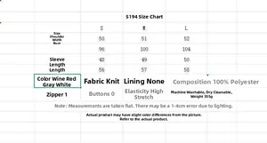 Detailed size chart for hooded knit cardigan with measurements for S, M, and L sizes