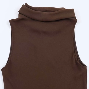 Detail view of the chocolate brown high-neck tank top with elegant ruched draped collar