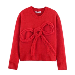 Pull en maille rouge avec grand nœud 3D, col rond et poignets côtelés pour femme