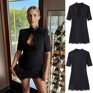 Women Sexy Black Bodycon Mini Dress Lace Patchwork Hollow Out Short Sleeve Lapel Neck Elegant Summer Party Clubwear Dress