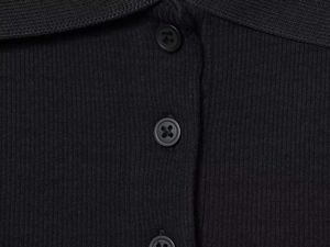 Macro detail of a black ribbed knit top featuring a lapel collar and resin buttons