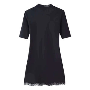 Short sleeve black dress with elegant lace trim and hollow out floral detailing on hem