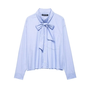 Women's Elegant Light Blue Long Sleeve Blouse Bowtie Stand Collar Solid Color Polyester Casual Office Pullover Top Shirt