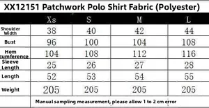 Detailed size guide table for the patchwork POLO collar top with measurements in cm