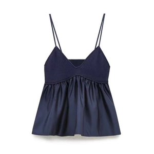 Sexy Navy Blue V Neck Ribbed Knit Patchwork Satin Spaghetti Strap Camisole Peplum Tank Top For Women Summer Fashion