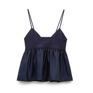 Navy blue V-neck knitted camisole with silk peplum hem and thin straps for summer
